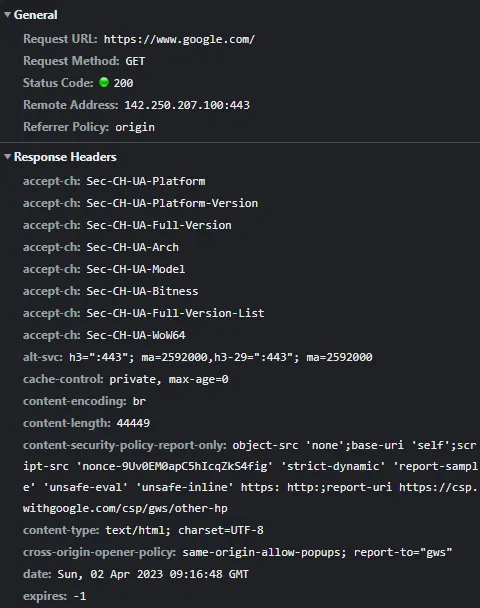www.google.com의 Response Headers