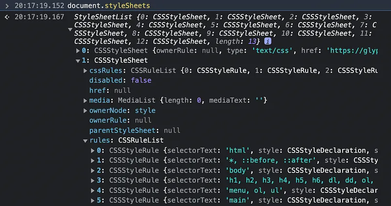 Medium의 document.styleSheets 콘솔 출력 결과